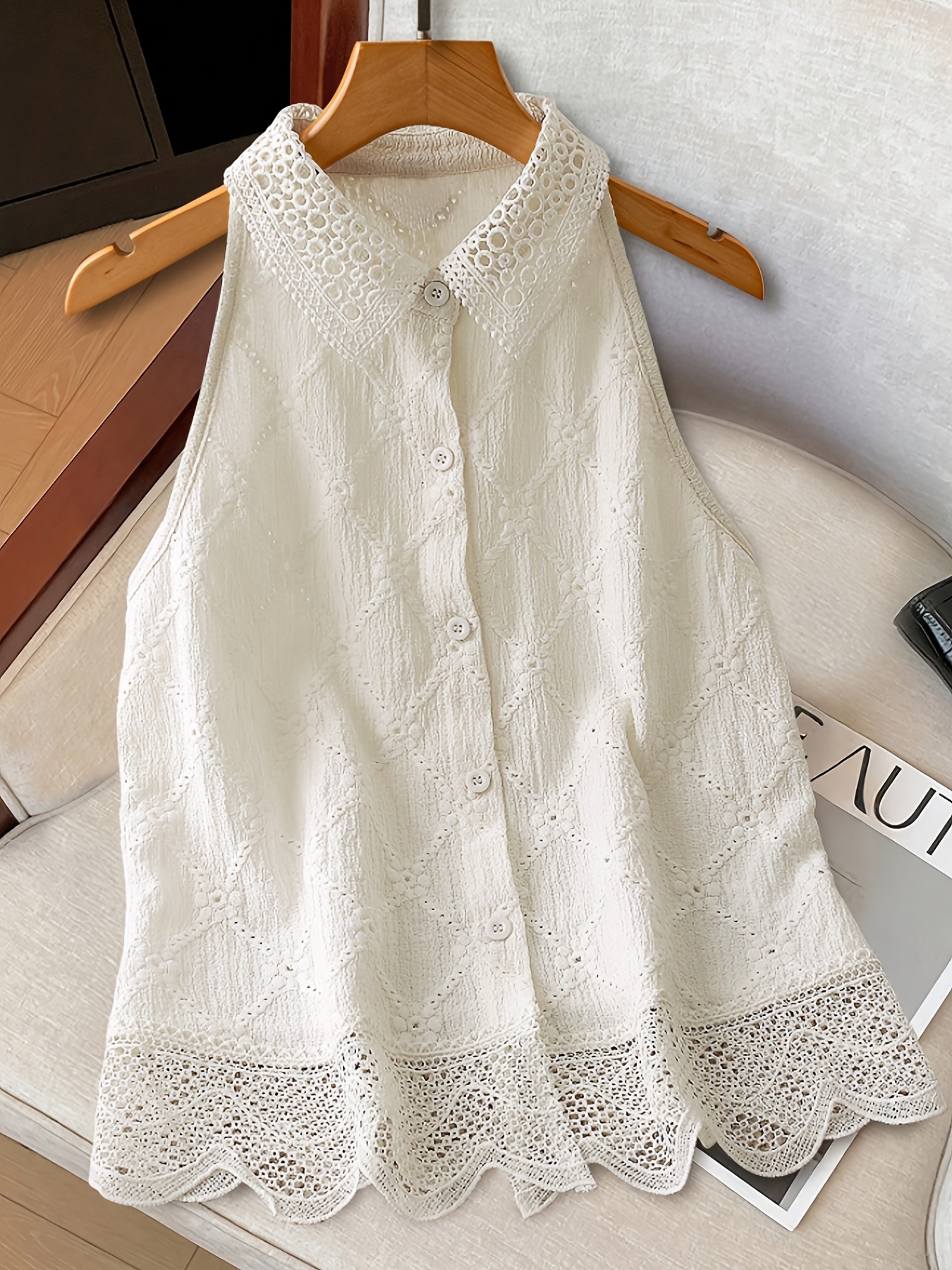 Lightweight Polyester Women's Sleeveless Blouse | Contrast Lace Trim And Button Front | Perfect For Spring/Summer, Casual Style | IFYHOME