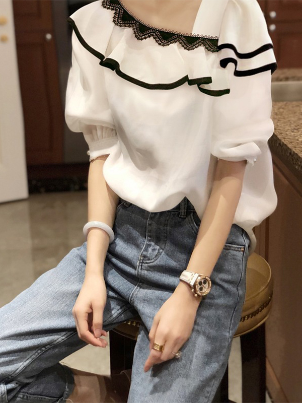 Square Neck Lace Trim Ruffled Edge Short Sleeve Top