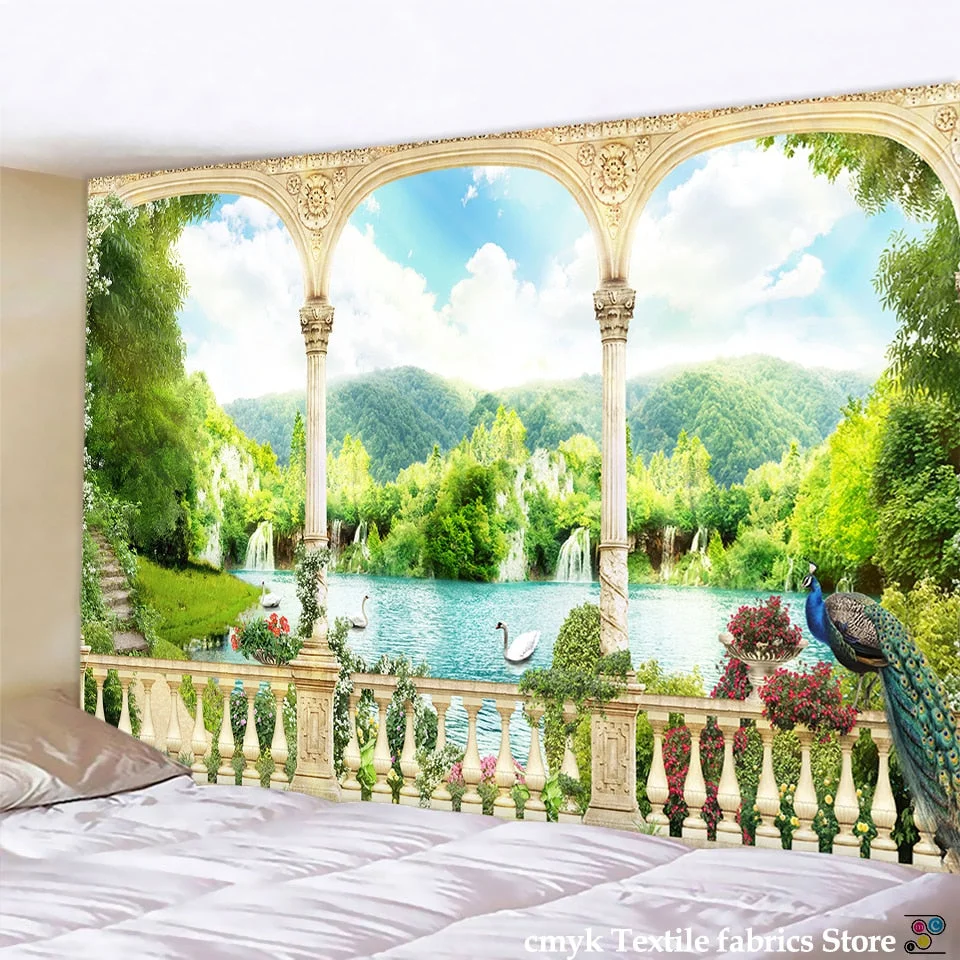 Viewing Platform Tapestry Ancient Rome Middle Ages Column Mountain Forest Castle River City Peacock Swan Wall Hang