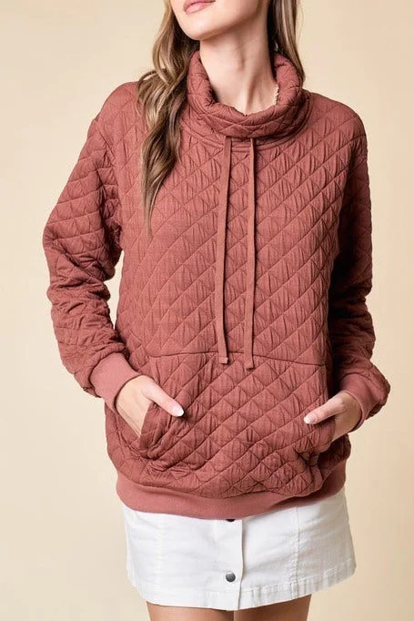 Paneled and quilted solid turtleneck sweatshirt