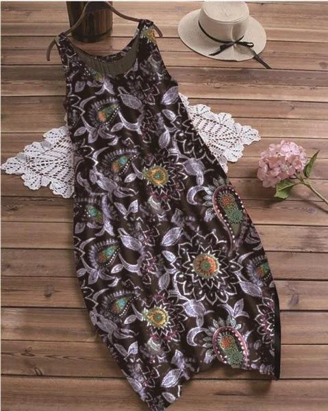 Summer Leisure Vacation Printing Sexy Round Neck Sleeveless Dress