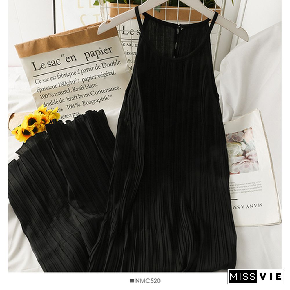 Dress Women Summer Retro Simple Chic Loose Off Shoulder Pleated Dresses Female Midi Sundress Trendy Sleeveless Vestidos Daily