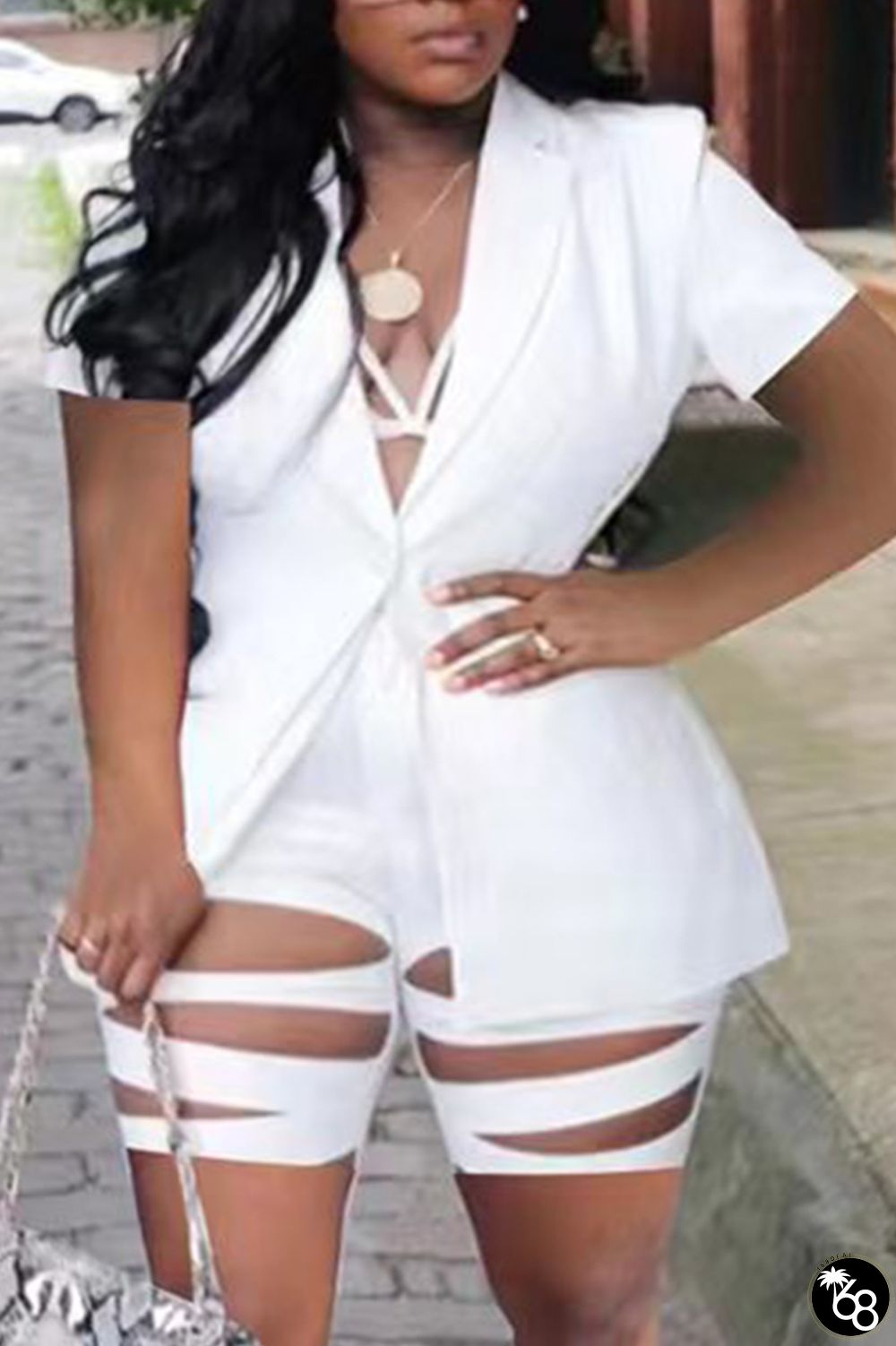 White Sexy Solid Ripped Turndown Collar Short Sleeve Two Pieces | 168DEAL