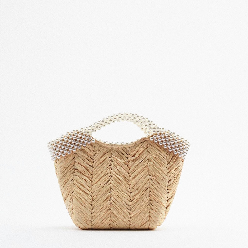 Mature Women Woven Crossbody Bag Handbag Pearl Straw