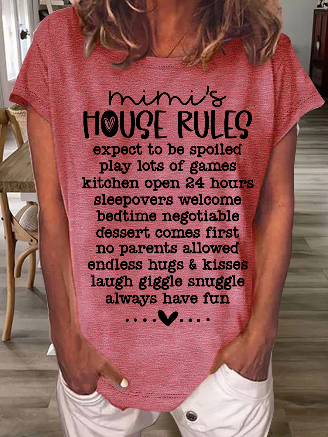 Women's Grandma Funny Word Mimi's House Rules Crew Neck Casual T-Shirt