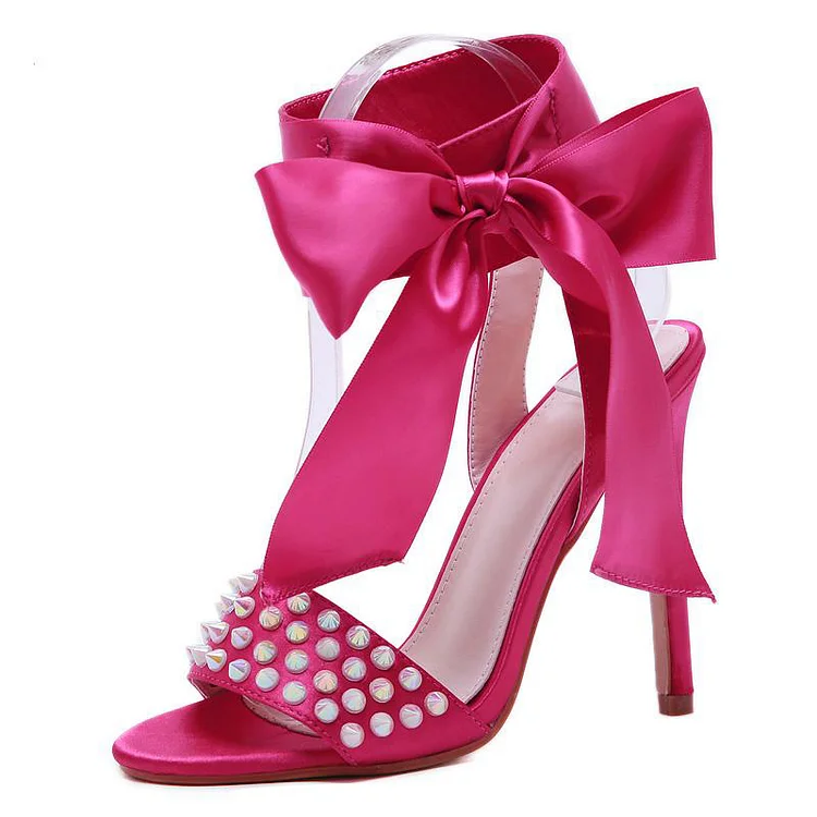 Pink Bow Stiletto Heels Rhinestones Sandals Ankle Strap Shoes |FSJ Shoes
