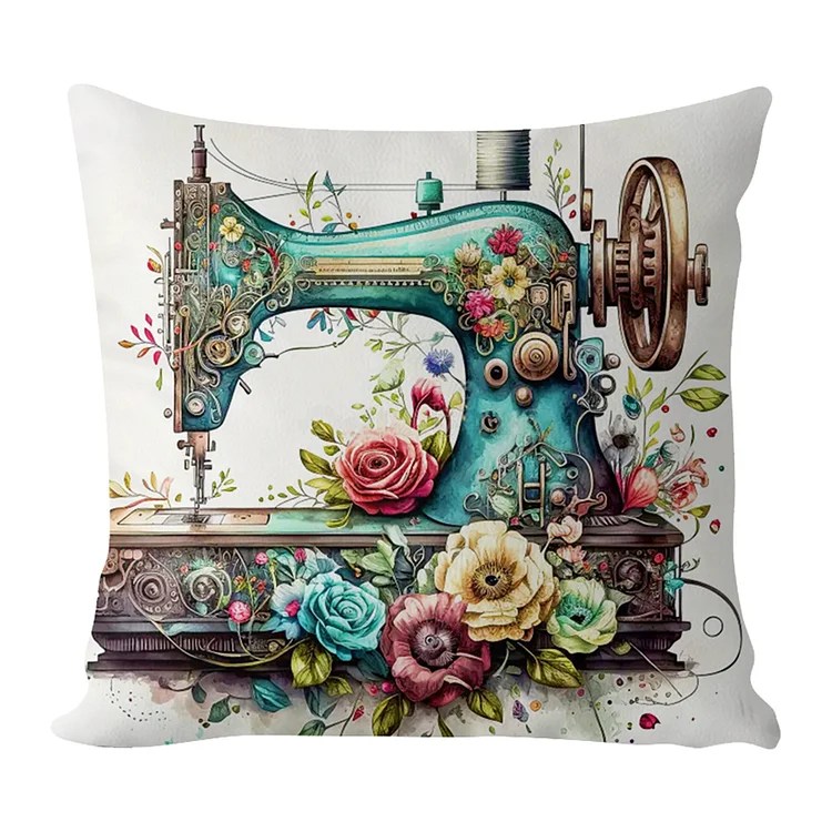 Pillow-Retro Floral Sewing Machine 11CT Stamped Cross Stitch 45*45CM(17.72*17.72In)