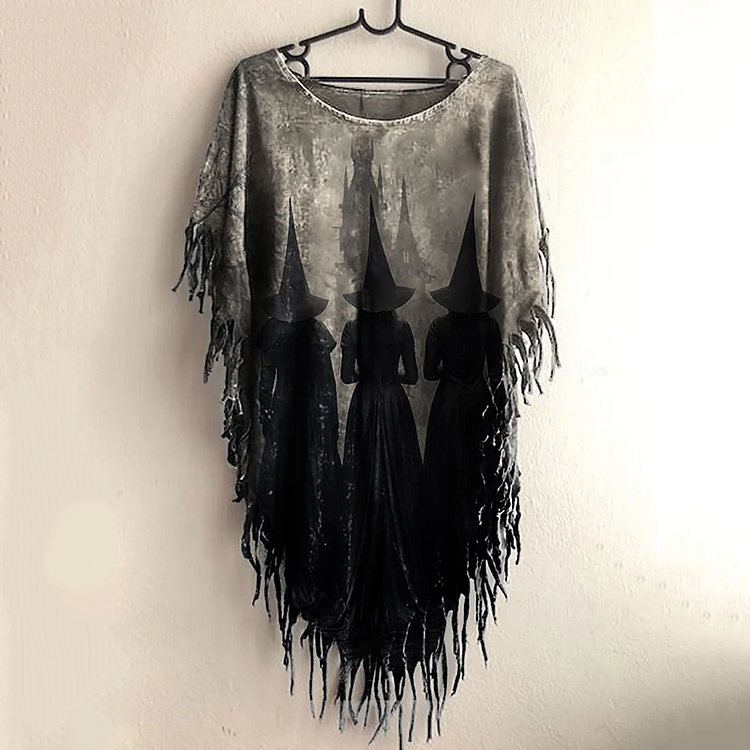 Comstylish Women's Halloween Witch Print Fringe Tunic