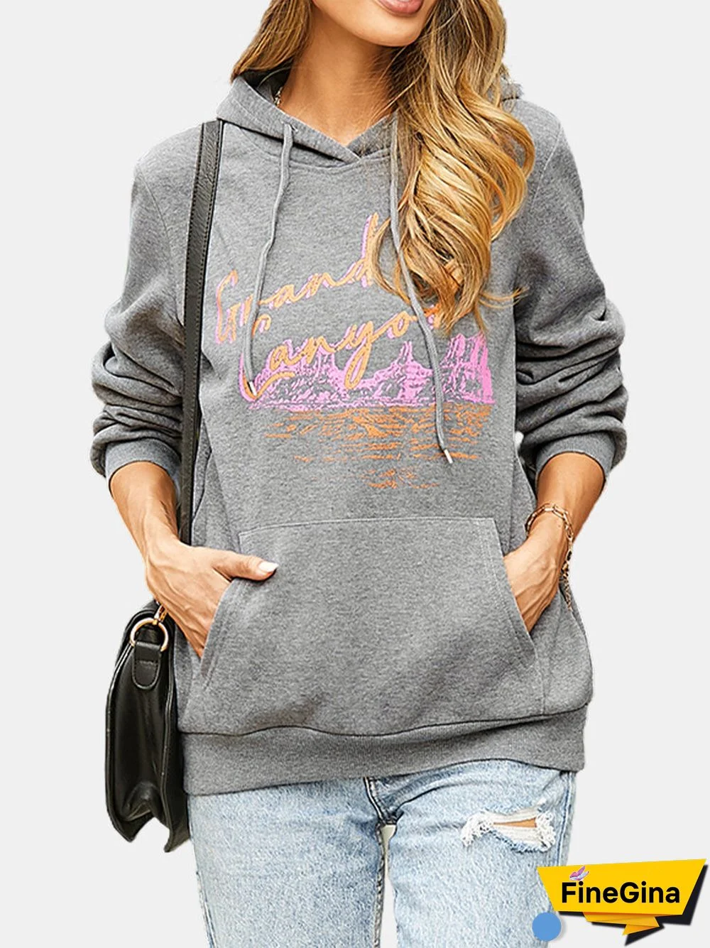 Women Letter Print Long Sleeve Casual Hoodie With Pocket