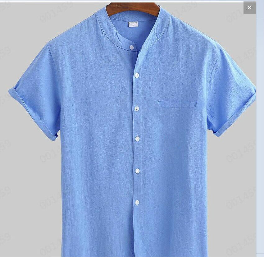 Men's Casual Cotton Linen Stand Collar Short Sleeve Shirt