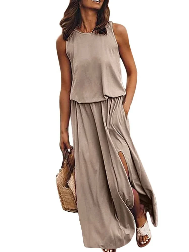 Summer Solid Side Slit Long Maxi Dress