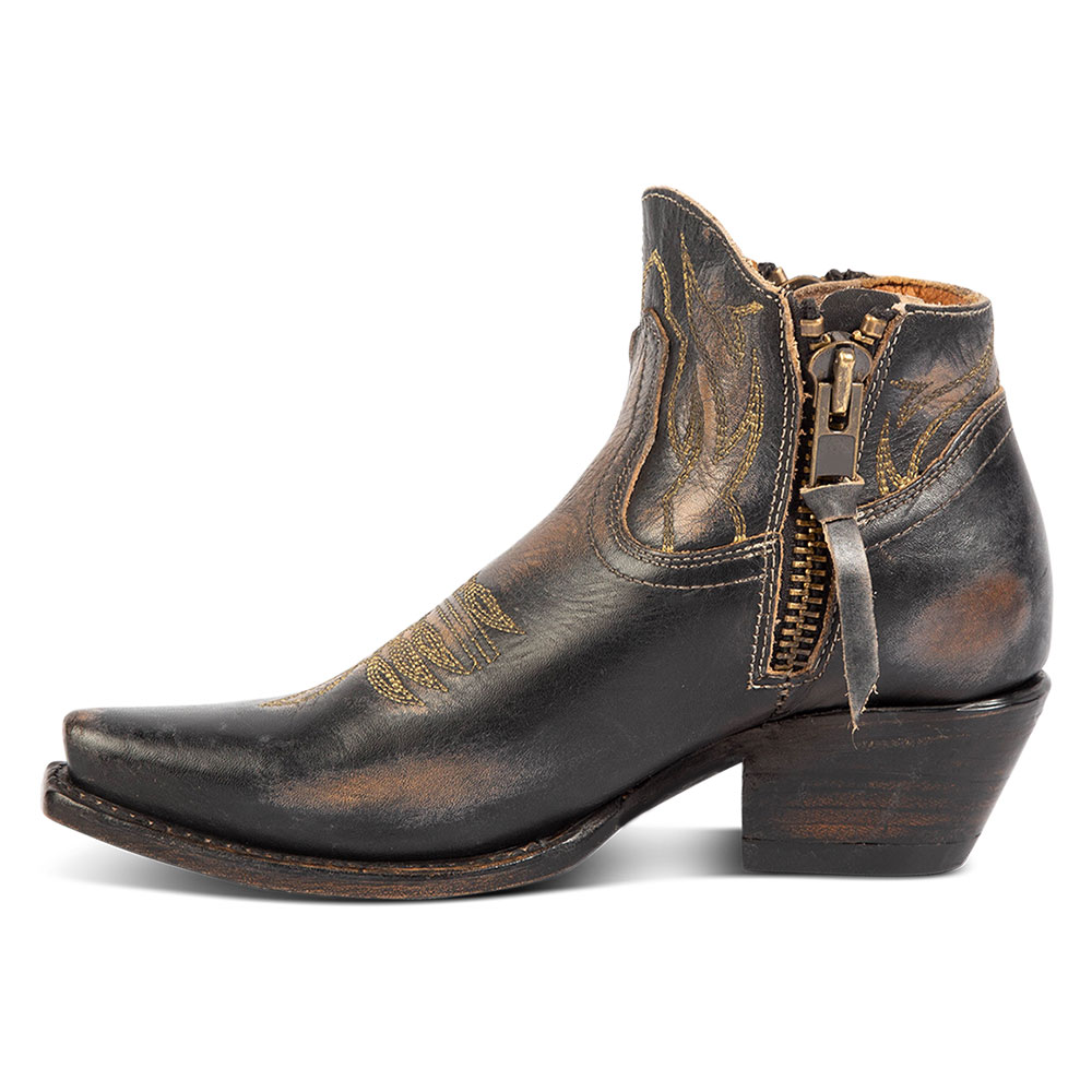 Black Distressed Chunky Heel Embroidered Short Cowgirl Boots with Zip