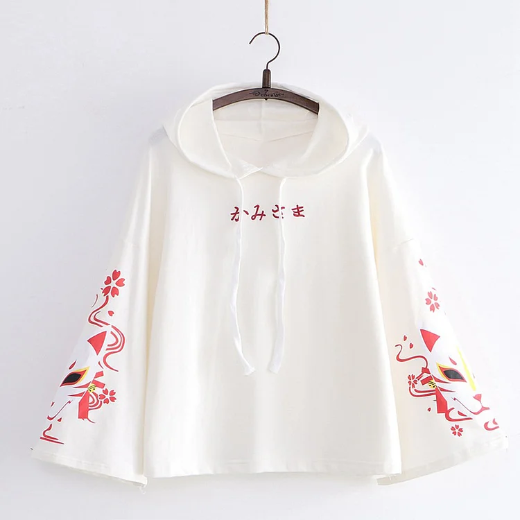 Sakura Fox Mask Print Drawstring T-Shirt - Modakawa Modakawa