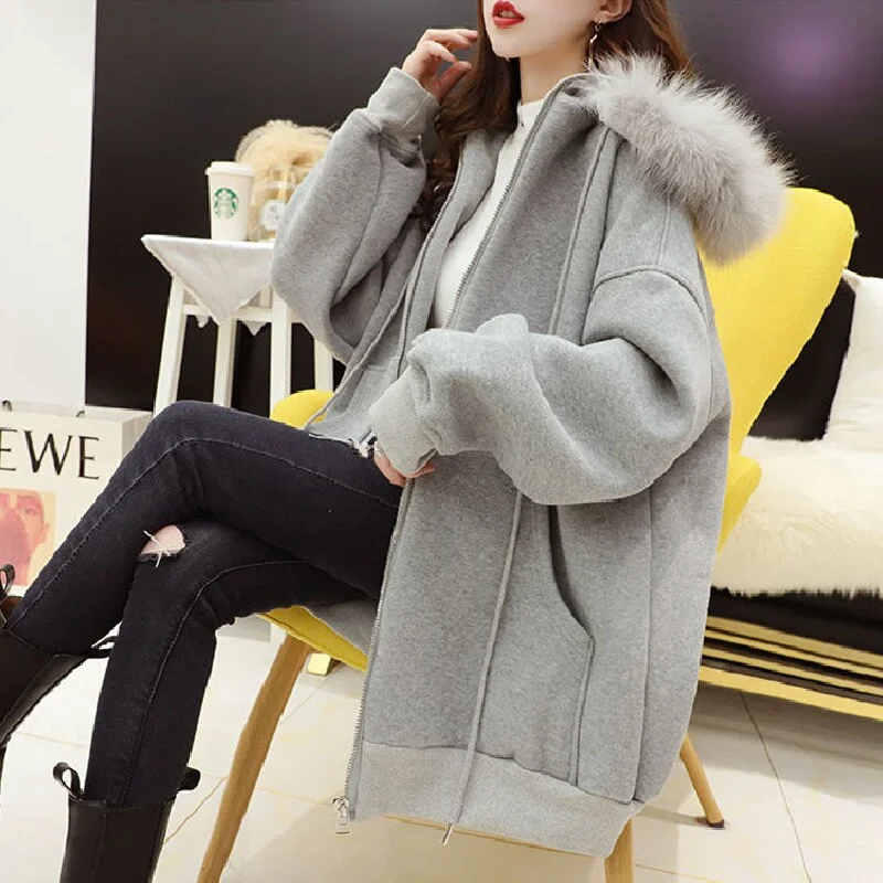 Casual Plush Thicken Warm Mid-length Hooded Solid Cardigan Women's Sweater 2021 Autumn Winter New Loose Style Wild Jacket Female