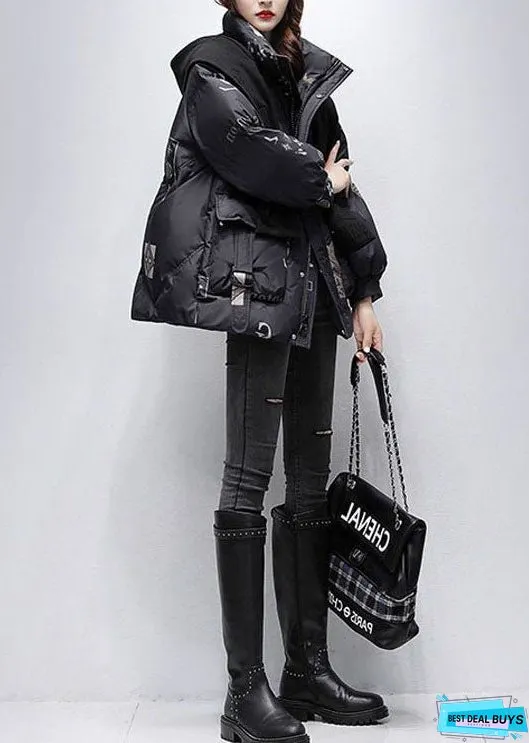Women Black Letter Print Hooded Scarf Duck Down Down Coat Winter