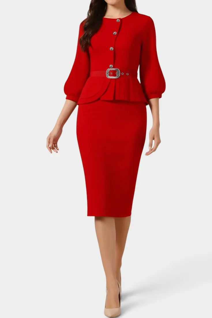 Structured Peplum Jacket with Belted Pencil Skirt Set