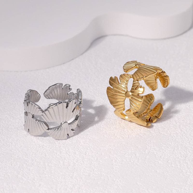Personalized Niche Design Ring Leaf Simple Open Stainless Steel Ring Female Ins Trend
