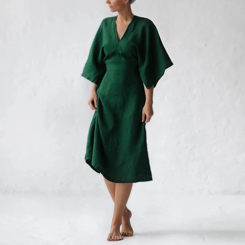 Elegant Ink Green Linen Dress