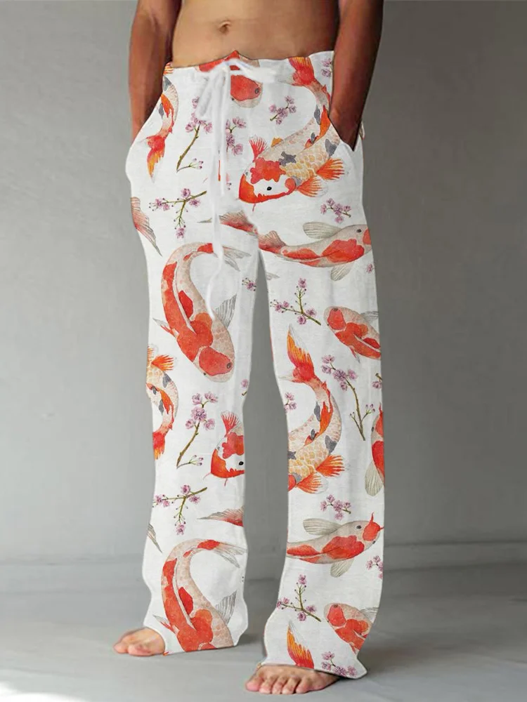 Lucky Koi & Floral Print Linen Casual Pant