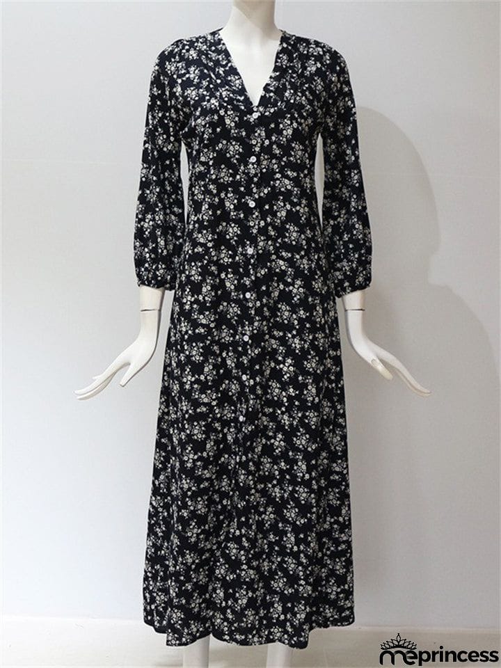 Classy High Waisted Vintage Floral V Neck Long Dresses For Women