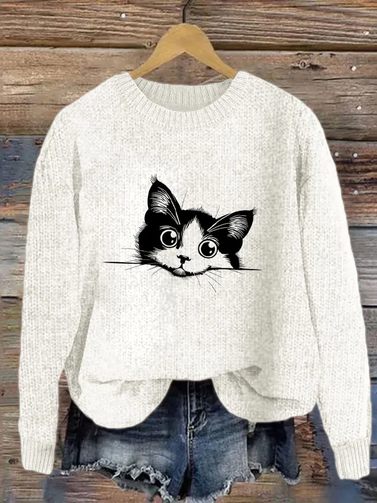 Women's Casual Funny Black Cat Print Sweater