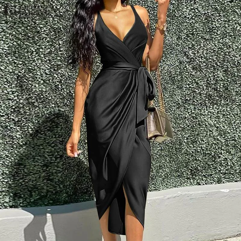 ZANZEA Women Sexy Straps Deep V Neck Dress 2022 Elegant Summer Solid Satin Midi Sundress Casual Lace Up Party Vestido Sarafans 7