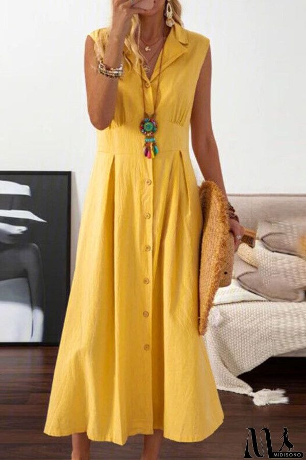 MidiSono - Suit collar solid color button dress