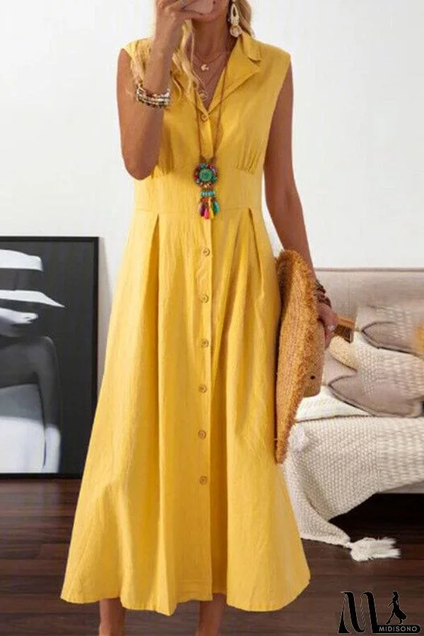 MidiSono - Suit collar solid color button dress