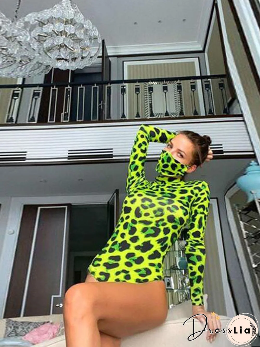 Women Long Sleeve Leopard Skin Prinetd Bodysuit Sexy Neon Green Streetwear Jumpsuit Skinny Leopard Tops Fashion Rompers