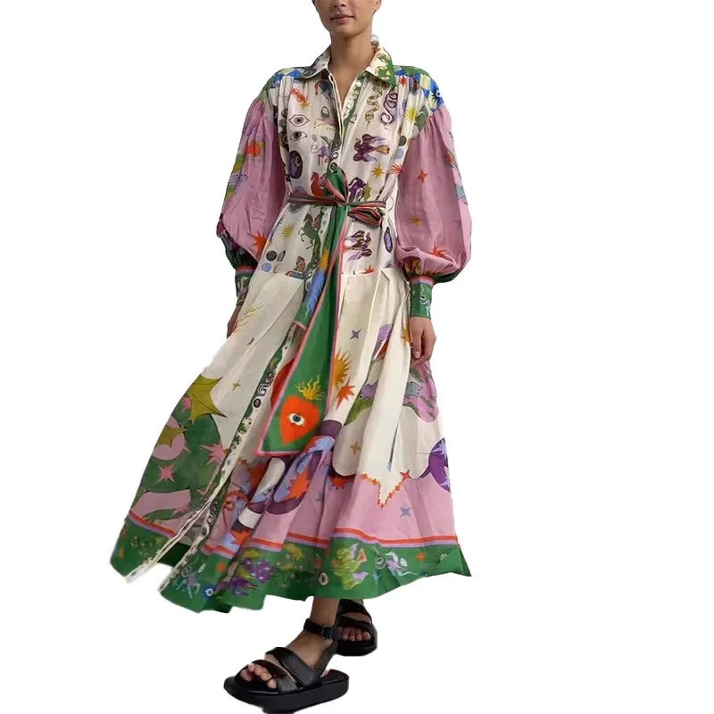 Uveng Uveng Women's Wear 2024 New Casual Personality Print V-Tie With Waist Long Sleeve Winter Dress Women