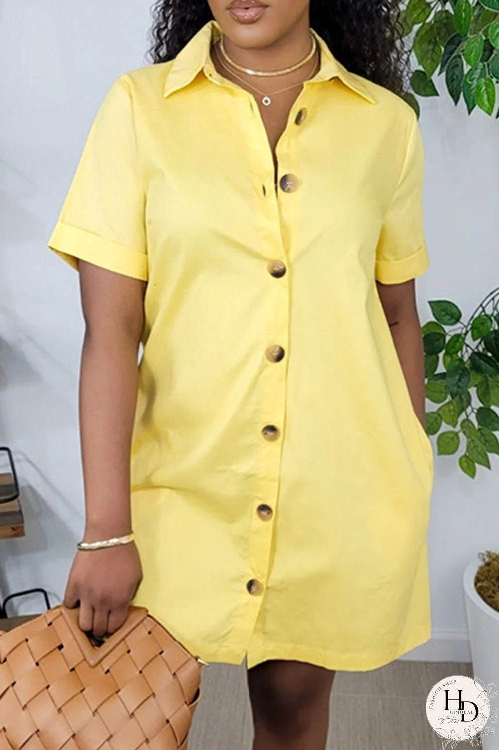 Light Yellow Fashion Casual Solid Patchwork POLO collar Shirt Dress Short Sleeve Dress