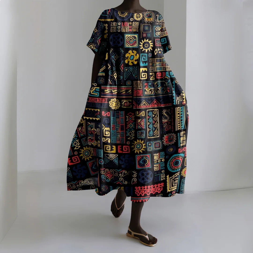 African Geometric Art Graphic Linen Blend Maxi Dress