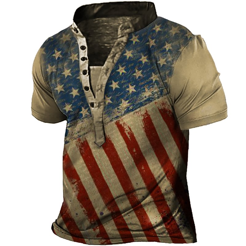Men's Vintage American Flag Print Henley Collar T-Shirt