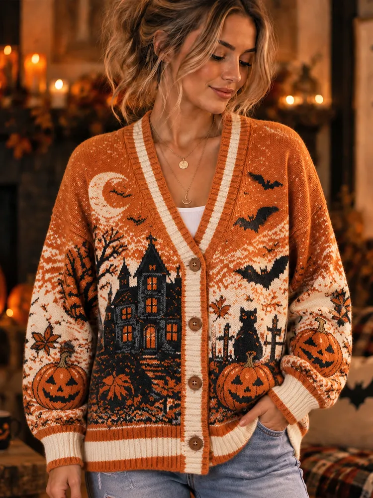 Comstylish Women's Halloween Witch Cat, Pumpkin, Bats & Castle Graphic Cardigan Sweater