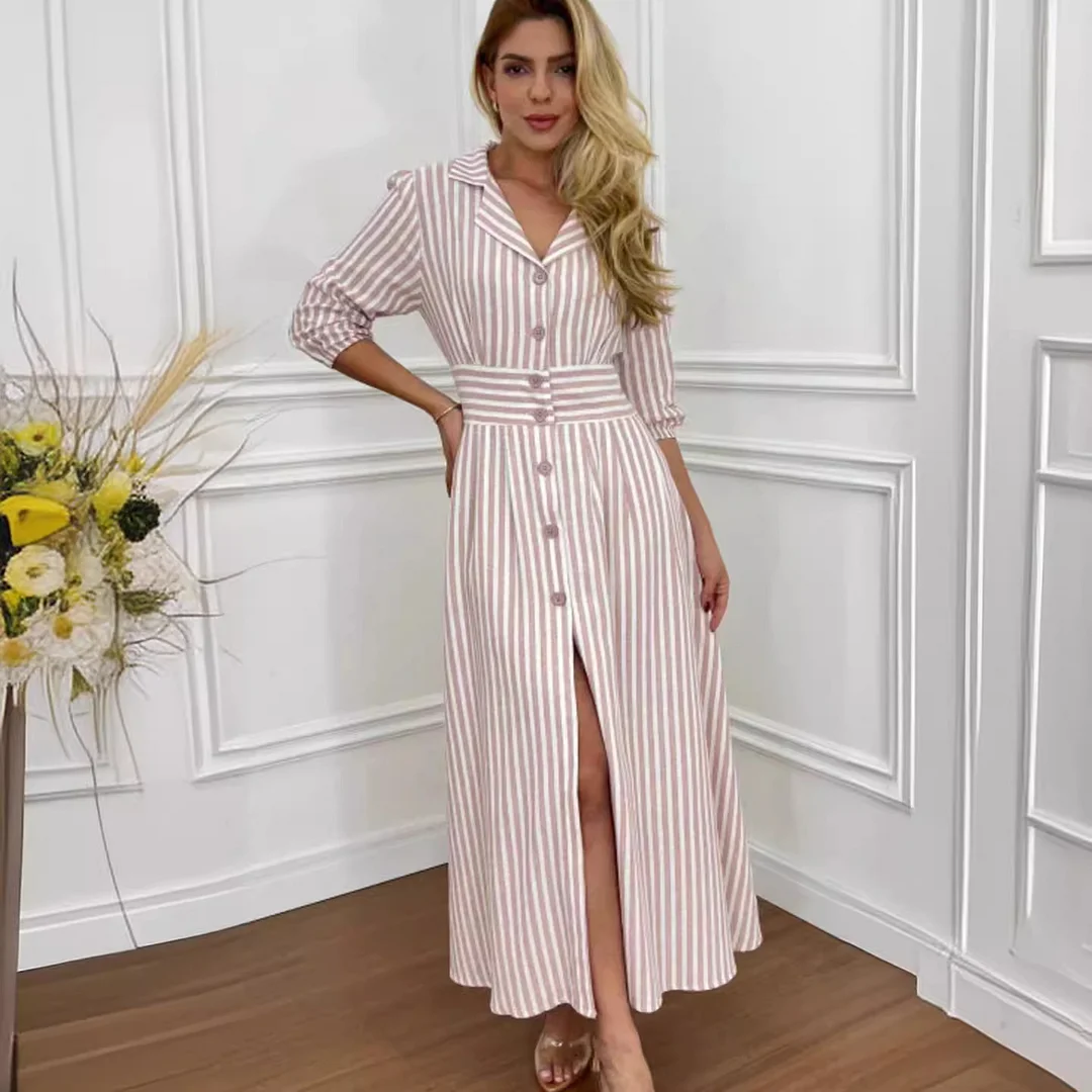 Toloer Toloer New Fashion Stripe Print Elegant Wind Temperament Shirt Dress-Outfit Ideas