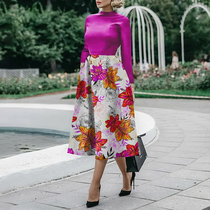 Elegant Floral Colorblock Print Long Sleeve Midi Dress