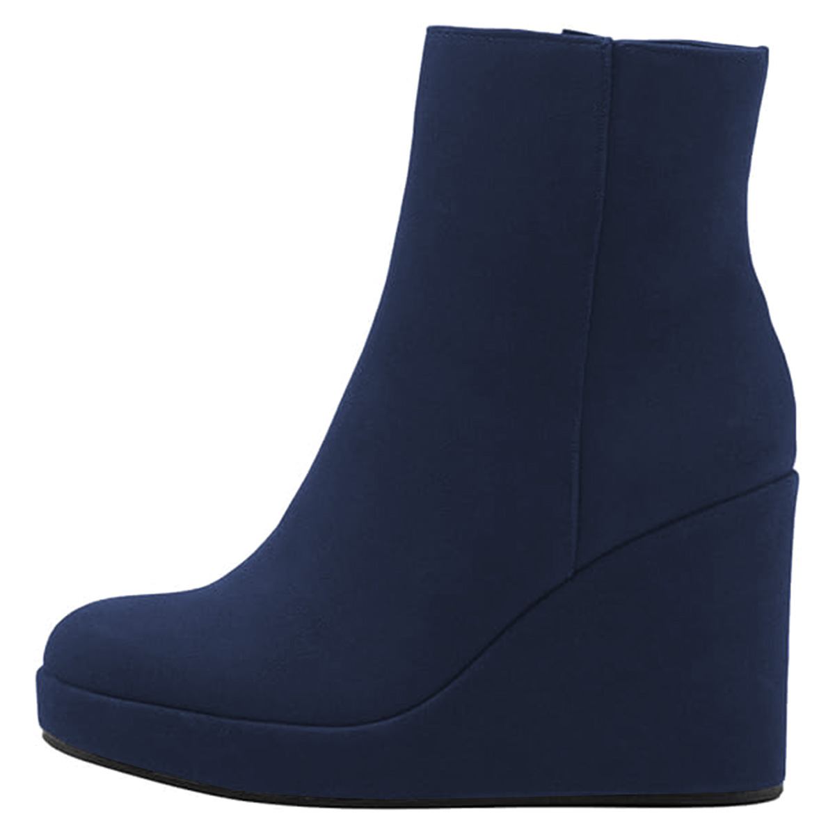 Navy Round Toe Wedge Platform Heeled Booties with Side Zipper Nicepairs