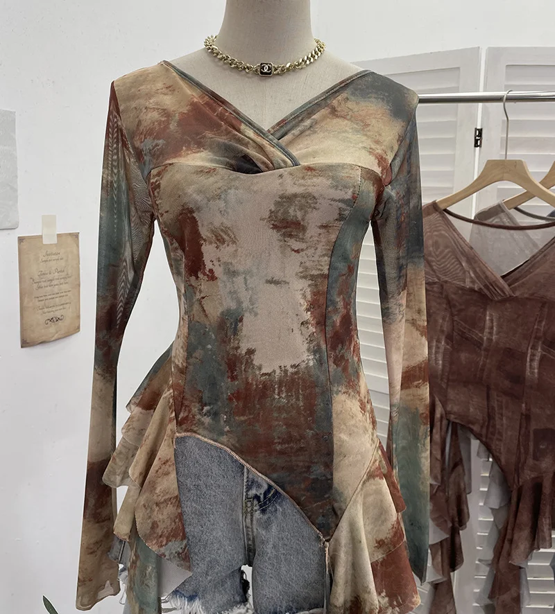 Nigikala Nigikala Shooting Ribbon Mesh Yarn Leaf Side Retro Print V Collar Horn Sleeve Top Spring And Summer Short Repair T-Shirt 8013