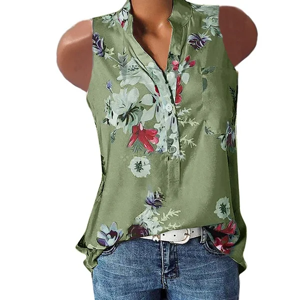 Womens Fashion Summer Sexy V-neck Sleeveless Blouse Loose Floral Printed Casual Tank Tops Blouse Shirt Plus Size XS-6XL