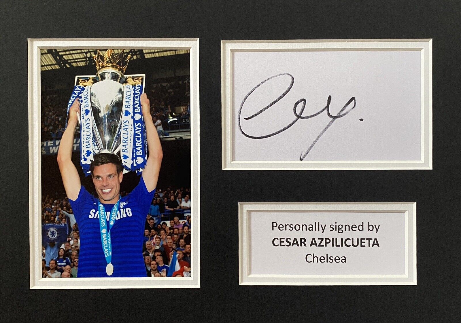 Cesar Azpilicueta Hand Signed White Card In A4 Chelsea Mount Display