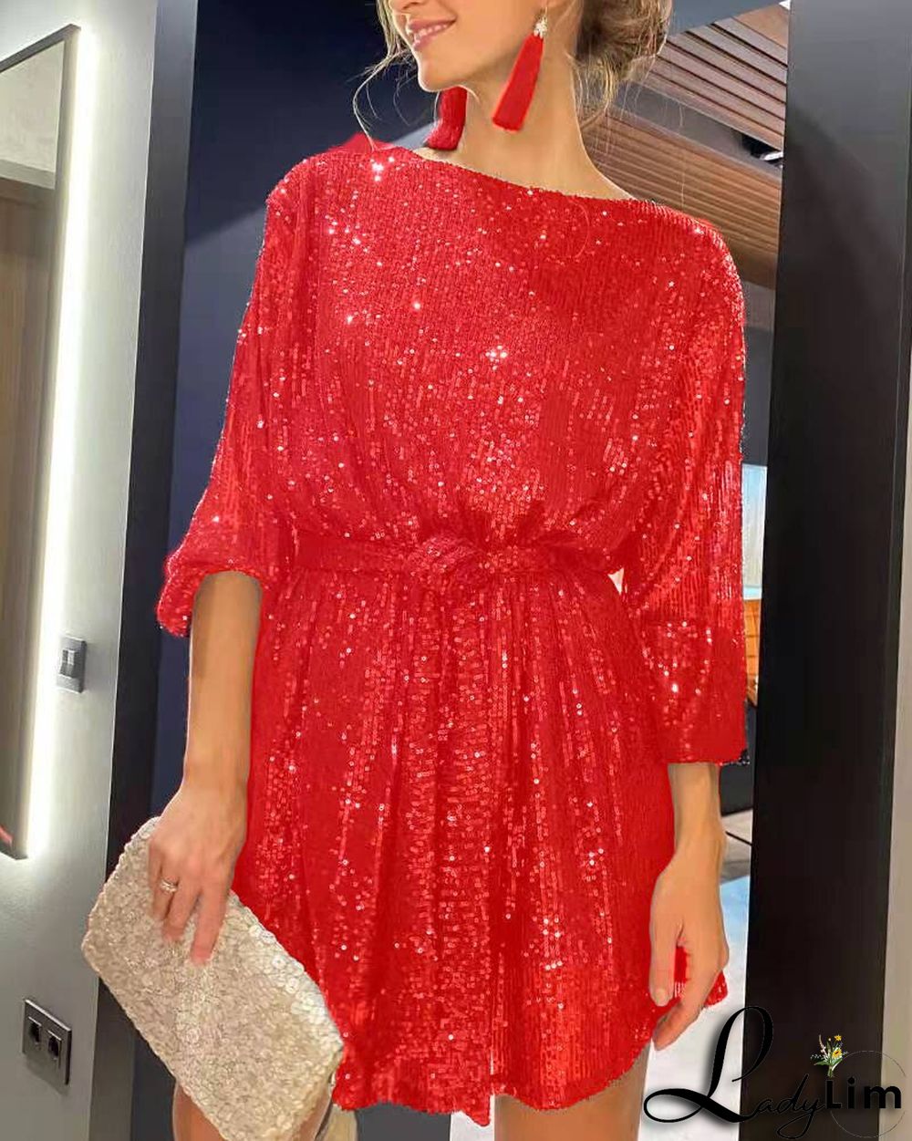 Women Casual Solid Lace-Up Sequin Embroidery Dress