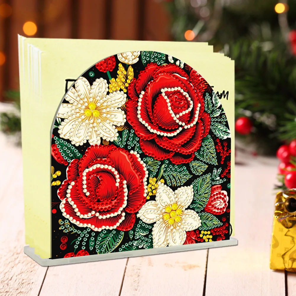 5D DIY Christmas Red Roses Acrylic Diamond Art Painting Napkin Holder Set