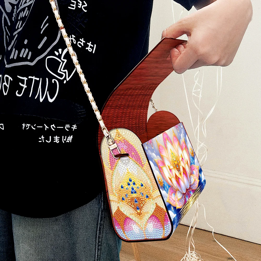 DIY Lotus Diamond Art Wooden Coin Pouch with Chain 5D Diamond Painting Purse