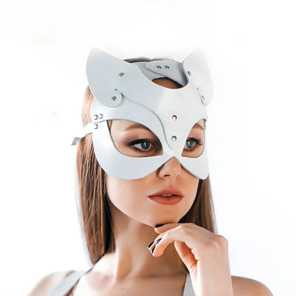 Billionm Fullyoung Sexy Woman PU Leather Cat Mask Festival Rave Cat Head White Cosplay Face Adult Halloween Masquerade Party Rave Masks