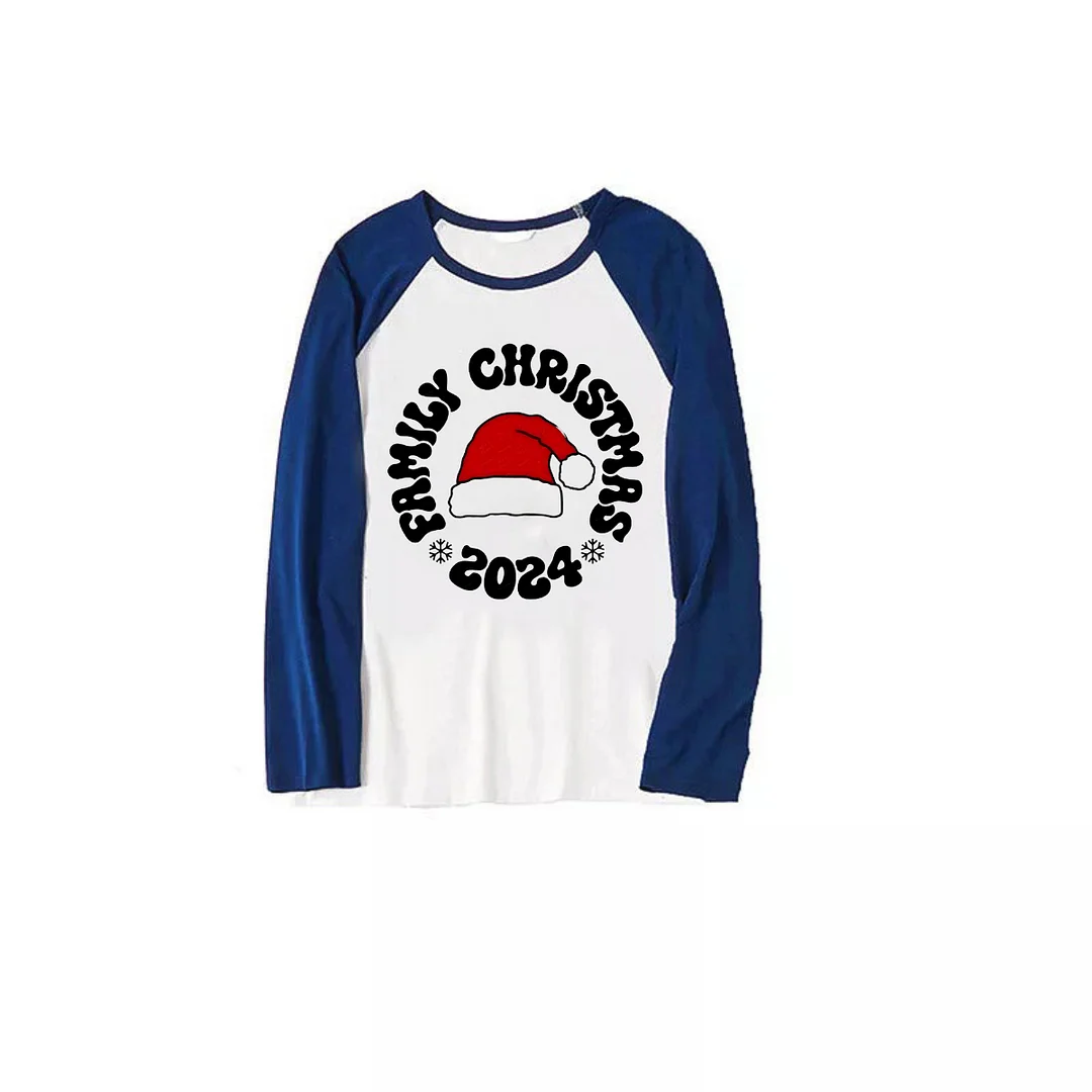 "Family Christmas 2024" Text and Santa Hat Print Blue & Black Plaid Christmas Family Matching Pajamas