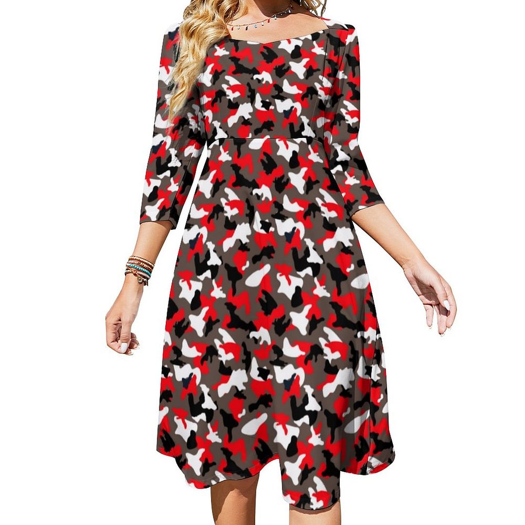 Black White Brown Neon Red Camouflage Dress Sweetheart Tie Back Flared 3/4 Sleeve Midi Dresses