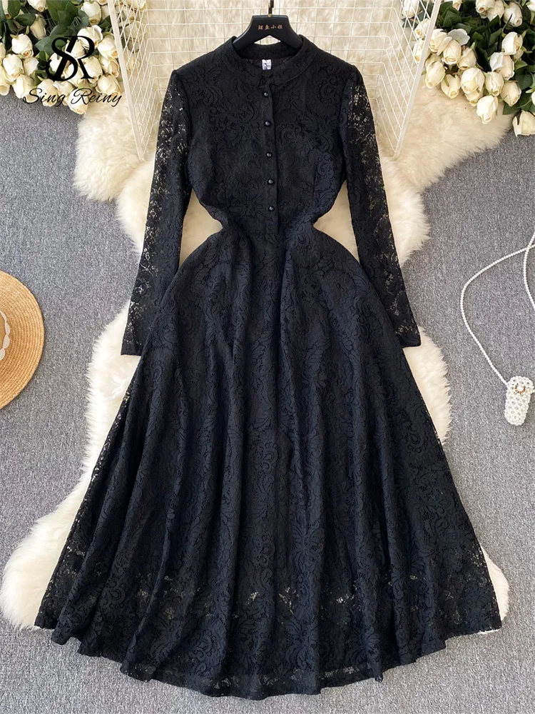 Huibahe Autumn Elegant French Long Dress 2024 Stand Collar Long Sleeves Button Design Hotsweet Lace Party Dress