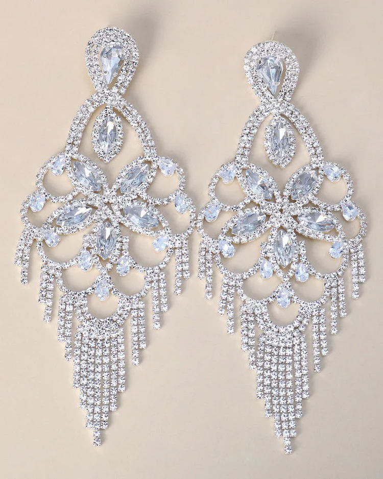 Rhinestone Long Tassel Flower Earrings