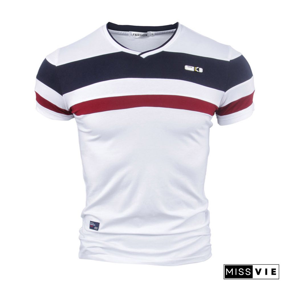 Men Short Sleeve T Shirts New Summer Pure Cotton Vintage Patchwork Tees VNeck Cotton T-shirt Homme Top M-4XL
