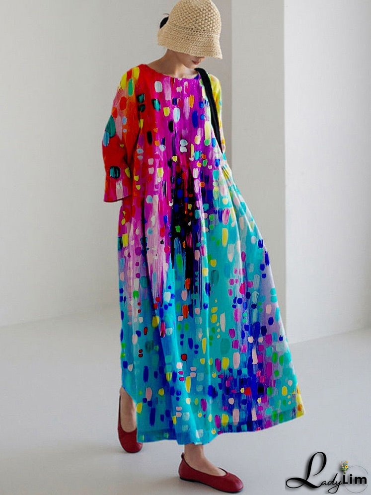 Colorful Dot Print Cotton Dresses Pockets Patchwork Summer